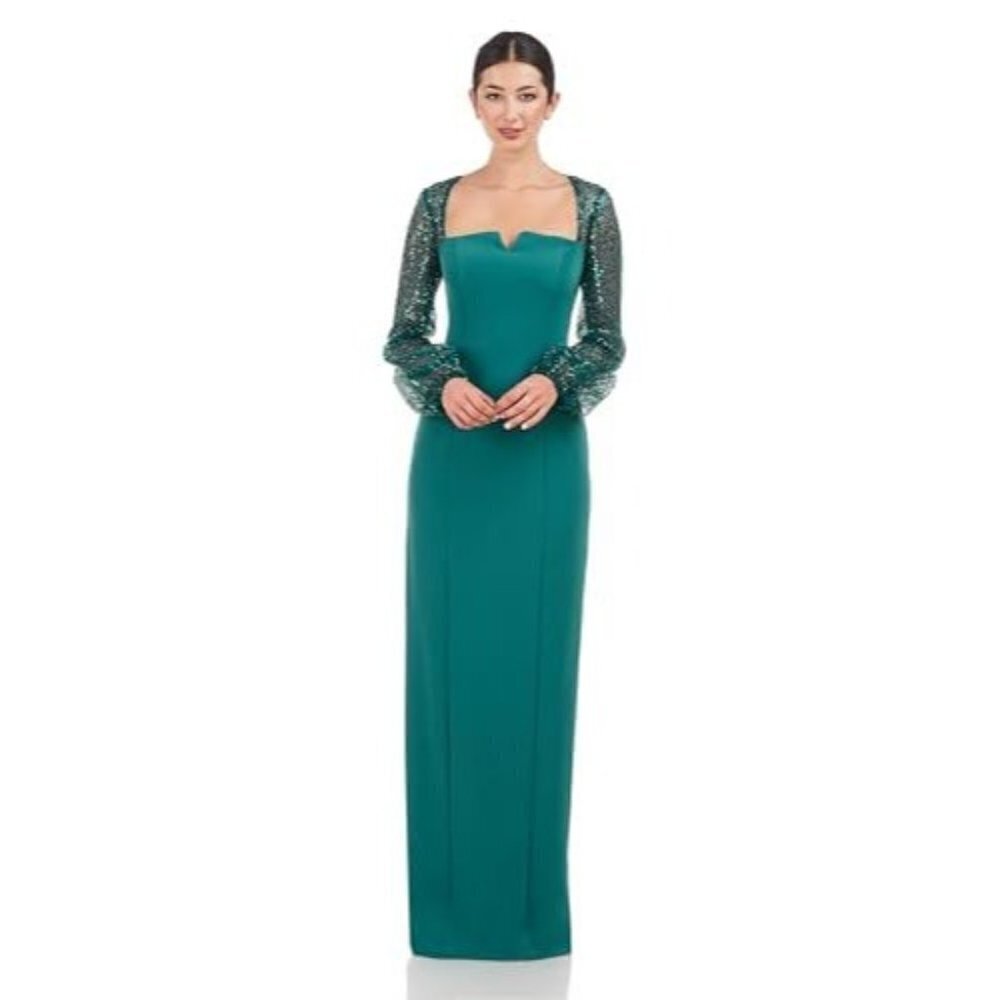 SZ 2 J S Collections Sequin Sleeve Teal Green Formal Gown Square Neckline Slit